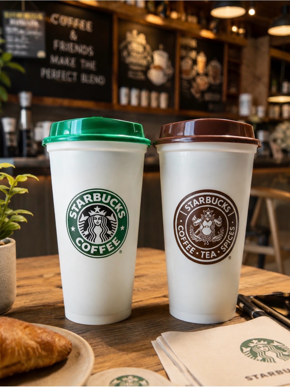 Starbucks Reusable Green and Brown Lid Coffee Cups Set  of 2